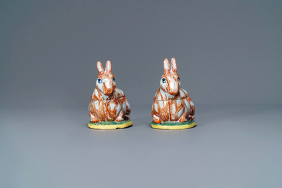 A pair of polychrome Dutch Delft 'hare' tureens, 18th C.